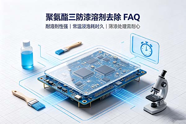 聚氨酯三防漆溶剂去除 FAQ 主图:电路板、溶剂瓶、计时器与三防漆处理示意 聚氨酯三防漆溶剂去除 FAQ 主图:电路板、溶剂瓶、计时器与三防漆处理示意