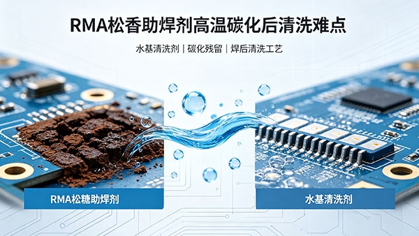 水基清洗剂清洗 RMA 松香助焊剂高温烘烤后碳化干结难清洗 